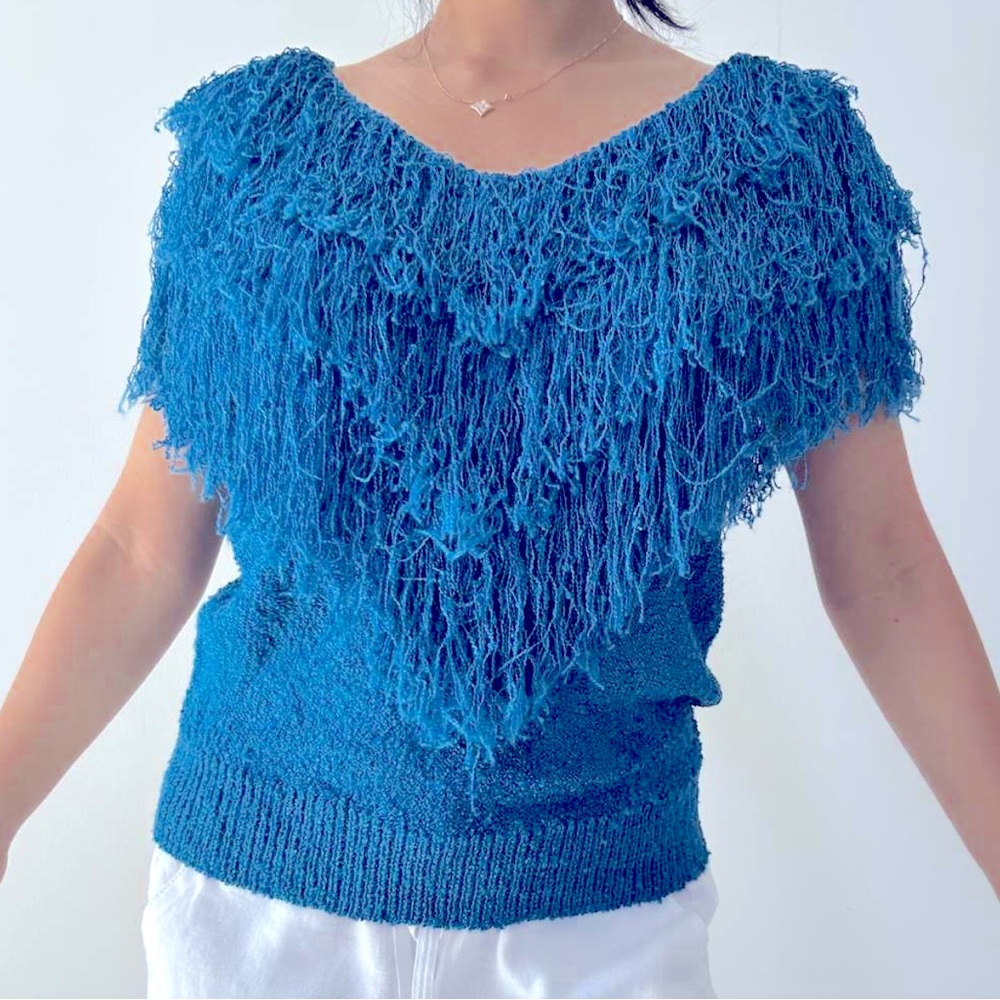 Aqua blue Women's short sleeve fringed Sweater French Rags 2 (med) vintage